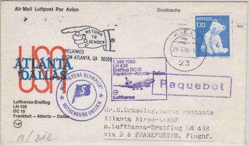 Schweden - 130 Ö. Teddybär Zuleitungspost/Schiffspost LH-Erstflug 1980