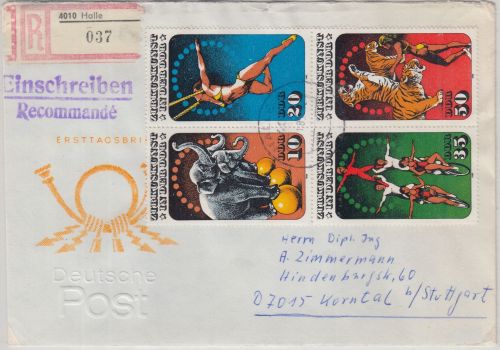 DDR - Zirkuskunst II Zusammendruck Einschreibebrief Halle - Korntal 1985