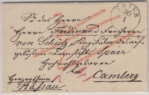 Preussen - Trier 30/1 Fingerhut-K1 Portobrief n. Camberg 1840