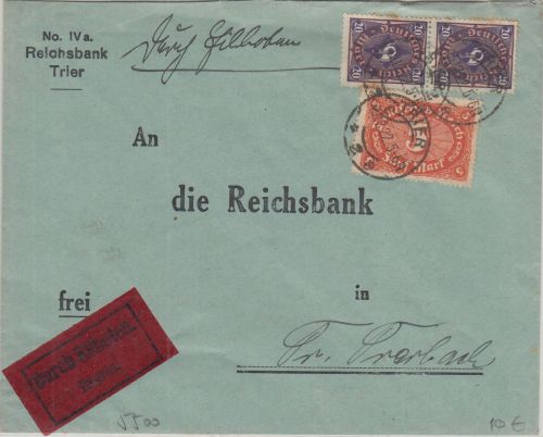 DR-Infla - 5 M. Queroval u.a. Eilbrief Trier - Traben-Trarbach 1922