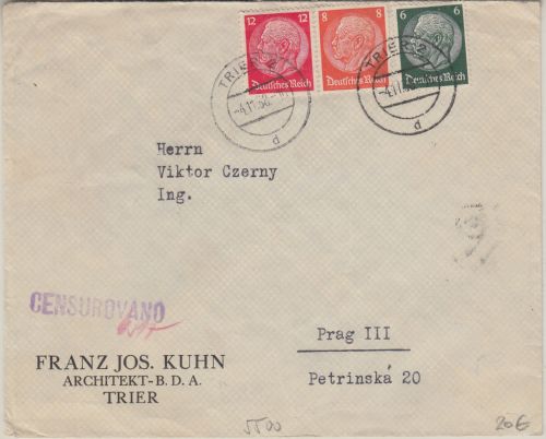 DR - 12+8+6 Pfg. Hindenburg Zensurbrief n. TSCHECHIEN Trier - Prag 1938