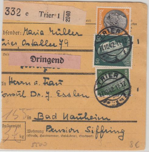 DR - 100 Pfg. Hindenburg u.a. Dringend-Paketkarte Trier - Bad Nauheim 1942
