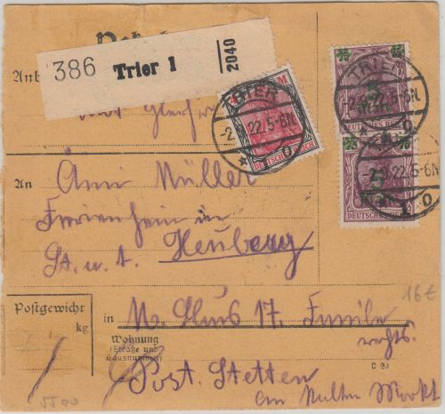 DR - 4 M. Germania u.a. Paketkarte Trier - Truppenübungsplatz Heuberg 1922