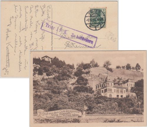 DR - Trier 1915 Zensur-Ra1 Ortskarte (AK Villa Pieroth