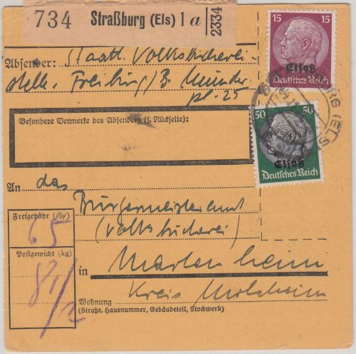 Bes. Elsass - 15+50 Pfg. Hindenburg/Überdruck Paketkarte Straßburg 1941