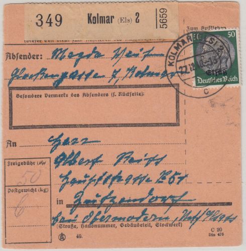 Bes. Elsass - 50 Pfg. Hindenburg/Überdruck Paketkarte Kolmar 1940