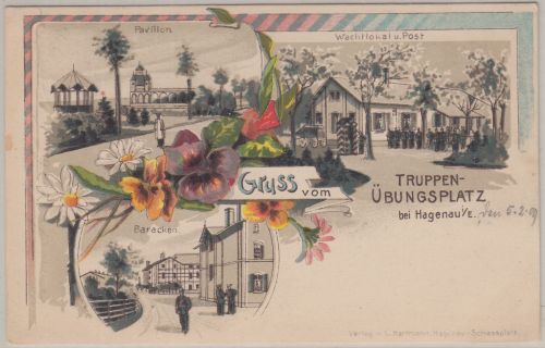 Elsass - Truppenübungsplatz b. Hagenau Mehrbild-Farblitho gelaufen 1909