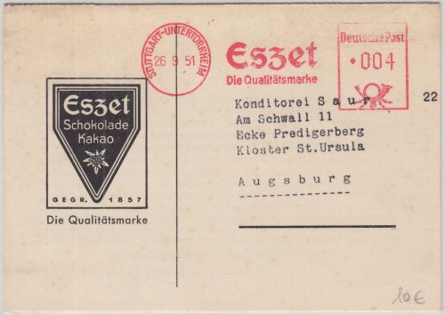 BRD - Eszet (Schokolade) 4 Pfg. AFS illustr. Firmendrucksache Stuttgart 1951