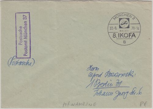BRD - 8. IKOFA SST München 1970 Postsache n. Berlin