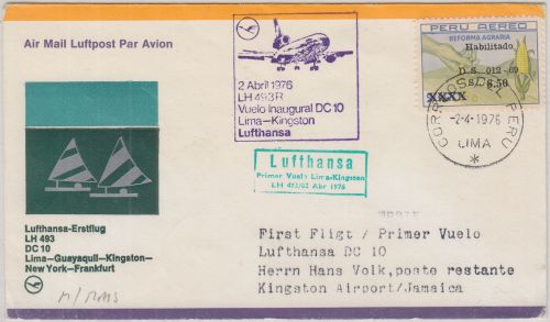 Peru - 6,50 S. Agrar-Reform/Habilitado LH-Erstflug Lima - Kingston/JAMAICA 1976