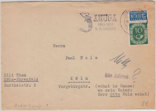 BRD - ANGUA Köln 1959 Masch.werbestempel Ortsbrief - Lebensmittelmesse