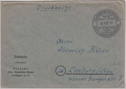 BRD - IUL-Kongress Hamburg-Nienstedten 1952 SST Postsache n. Limburg