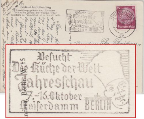 DR - Küche der Welt Jahresschau Masch.werbestpl. Karte n. DÄNEMARK Berlin 1936