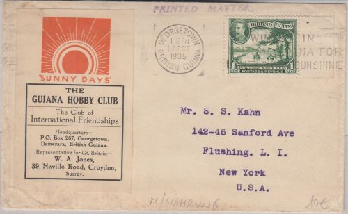 British Guiana - 1 P. Reisfeld illustr Drucksachenbrief Georgetown New York 1935