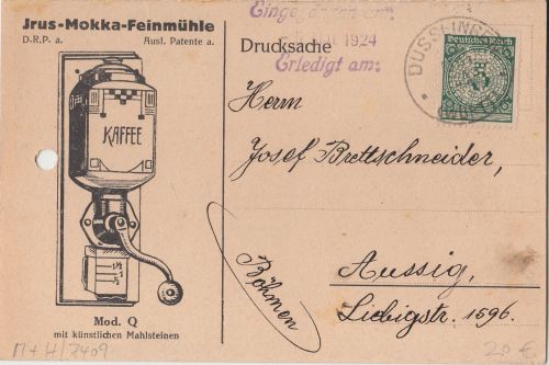 DR - JRUS-Mokka-Feinmühle 5 Pfg. Korbdeckel Perfin "JRS" Drucksache 1924