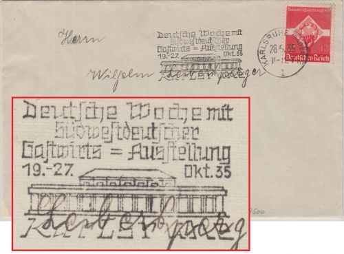 DR - Gastwirts-Ausstellung Masch.werbestpl. Brief Karlsruhe Bad Liebenzell 1935