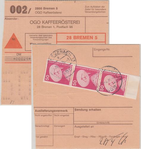 BRD - OGO Kaffeerösterei Nachnahme-Paketkarte Selbstbucher Bremen 1976