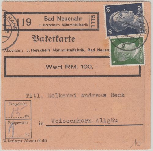DR - Herschel Nährmittelfabrik Selbstbucher Paketkarte Bad Neuenahr 1944