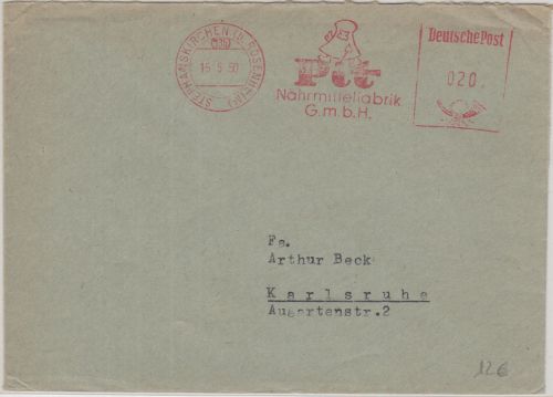 BRD - PIT Nährmittelfabrik 20 Pfg. AFS Brief Stephanskirchen - Karlsruhe 1950