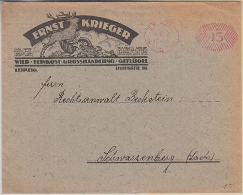 DR-Infla - Krieger Wild Feinkost Geflügel 15 Pfg. PFS Drucksache Leipzig 1921