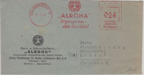 All.Bes. - ALROHA (Back- u. Nährmittel) apt. 24 Pfg. AFS Brief Hamburg 1947