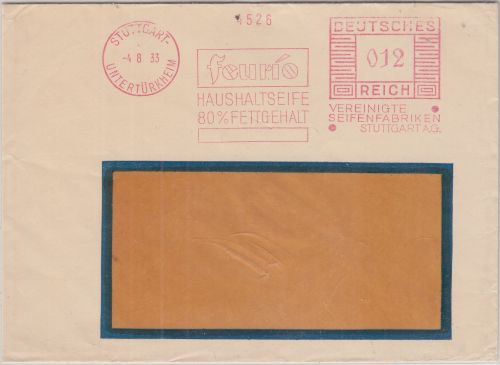 DR - Feurio Haushaltsseife 12 Pfg. AFS Brief Stuttgart-Untertürkheim 1933