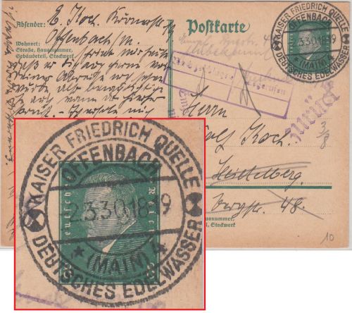 DR - Kaiser Friedrich Quelle Deut. Edelwasser Handwerbstpl. Karte Offenbach 1930