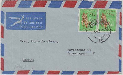Südafrika - 2x7 1/2 C. maiskolben Luftpostbrief n. DÄNEMARK Capetown 1961