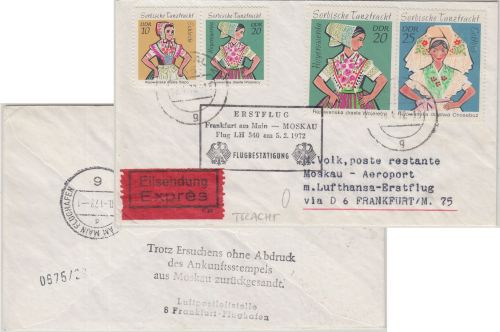 DDR - 25 Pfg. Sorbische Tracht u.a. Zuleitungspost LH-Erstflug FFM - Moskau 1972