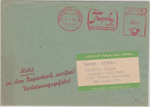 BRD - Trophy (Rasierklingen) 4 Pfg. AFS Drucksache Köln-Ostheim - Prien 1954