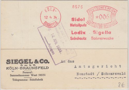DR - Sidol Lodix Sigella 6 Pfg. AFS Firmenkarte Köln-Braunsfeld - Neustadt 1934