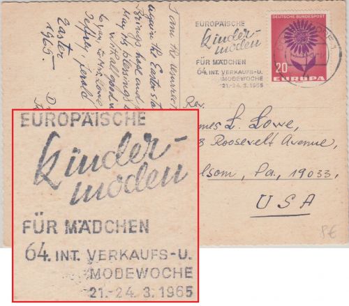 BRD - Europ. Kindermoden f. Mädchen masch.werbestpl. Karte Düsseldorf n USA 1965