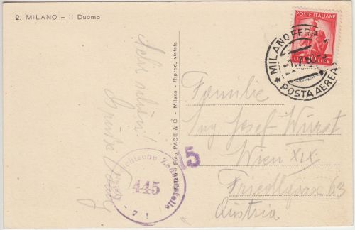 Italien - 10 L. "Demokratie" Zensurkarte n. ÖSTERREICH Milano - Wien 1950