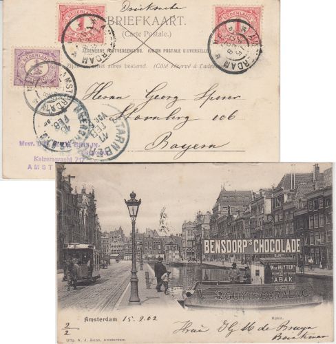 Niederlande - 2x1+1/2 C. Ziffern AK Amsterdam (Bensdorps Chocolade) 1920