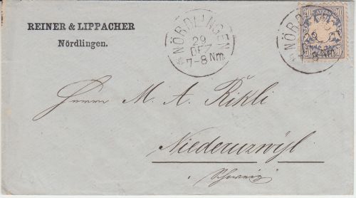 Bayern - 20 Pfg. weite Welle Brief i.d. SCHWEIZ Nördlingen 1876
