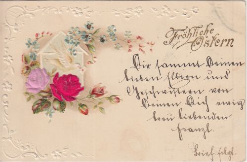 Glückwunsch - Ostern, Prägekarte Taube u. Seidenblumen gelaufen 1901
