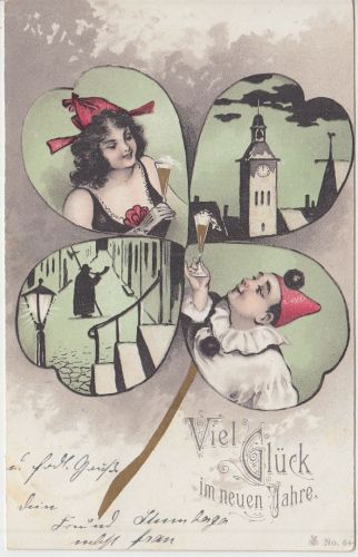 Glückwunsch - Neujahr Kleeblatt Kostüm Harlekin farb. Grusskarte Pöttmes 1903