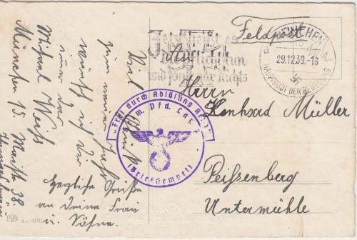 DR - Heimat-Pferde-Lazarett 7 Briefstempel Feldpostkarte München Peißenberg 1939