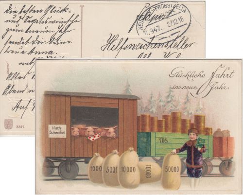 DR - Neuhaus Probstzella Z.947 Bahnpost Neujahrskarte n. BELGIEN 1916