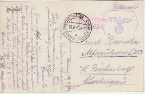 DR - Brünn Dt. Dienstpost B&M Feldpostkarte n. Reichenberg 1940
