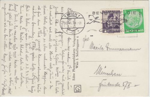 DR/Österreich - 1 Gr./5 Pfg. Mischfrankatur Karte Wien - München 1938