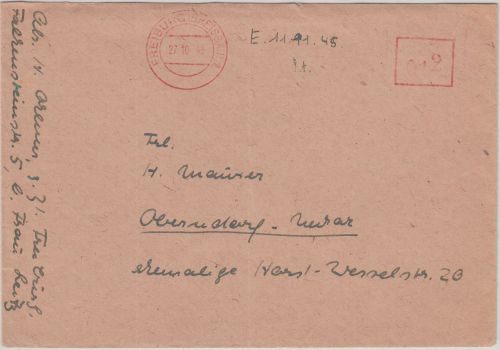 FZ/Baden - Freiburg 27.10.45 aptierter 12 Pfg. AFS Brief n. Oberndorf