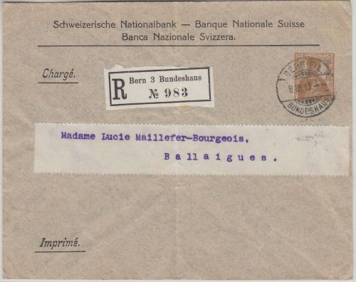 Schweiz - 12 Rp. Helvetia Privatganzsache Einschreibe-Drucksache Bern 1913