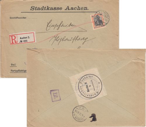 DR - 30 Pfg. Germania Einschreibebrief/Postauftrag Aachen 2 - Berlin 1912