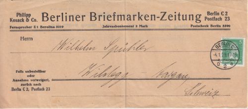 DR - 5 Pfg. Schiller Streifband i.d. SCHWEIZ Berlin - Wildegg 1929