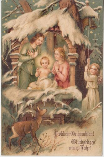 Glückwunsch - Weihnachten Christkind Engel Reh farb. Prägekarte Sielenbach 1906