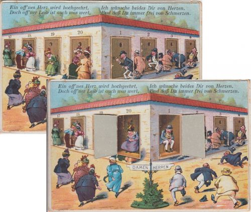 Jux/Humor - Toilettenhäuschen Damen/Herren mechanische Karte ca. 1920