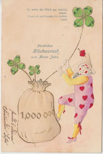 Glückwunsch - Neujahr Clown Geldsack farb. Prägekarte Habach 1904