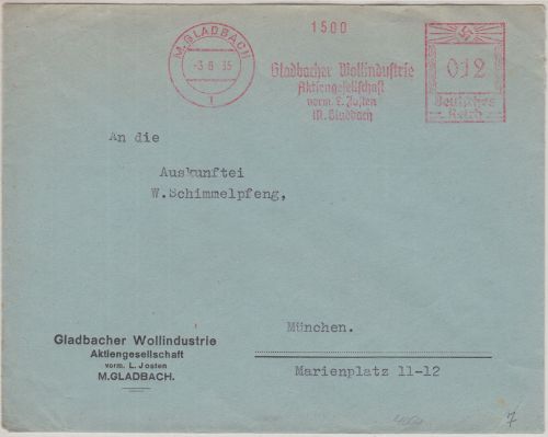 DR - Gladbacher Wollindustrie AG 12 Pfg. AFS Brief M. Gladbach - München 1935