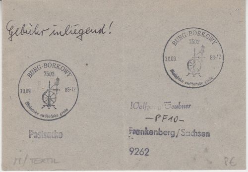 DDR - Burg Borkowy Spinnrad Handwerbestpl. Postsache n. Frankenberg 1988